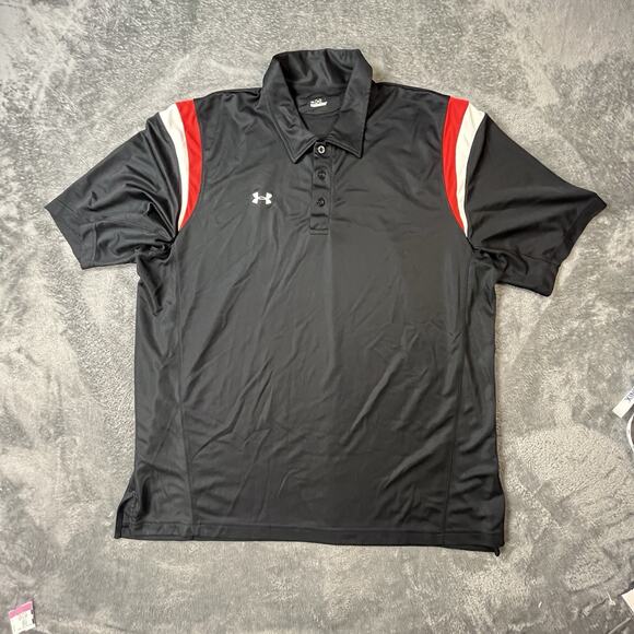 Under Armour Polo Mens XXL Golf Black Heat Red White Arm Stripes Logo Poly Sexy - Picture 1 of 12
